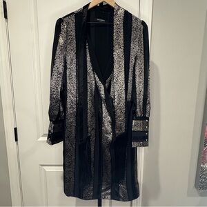 Ana Sousa Black Silver Metallic Stripe Wrap Dress Long Sleeve Size 12 NWOT